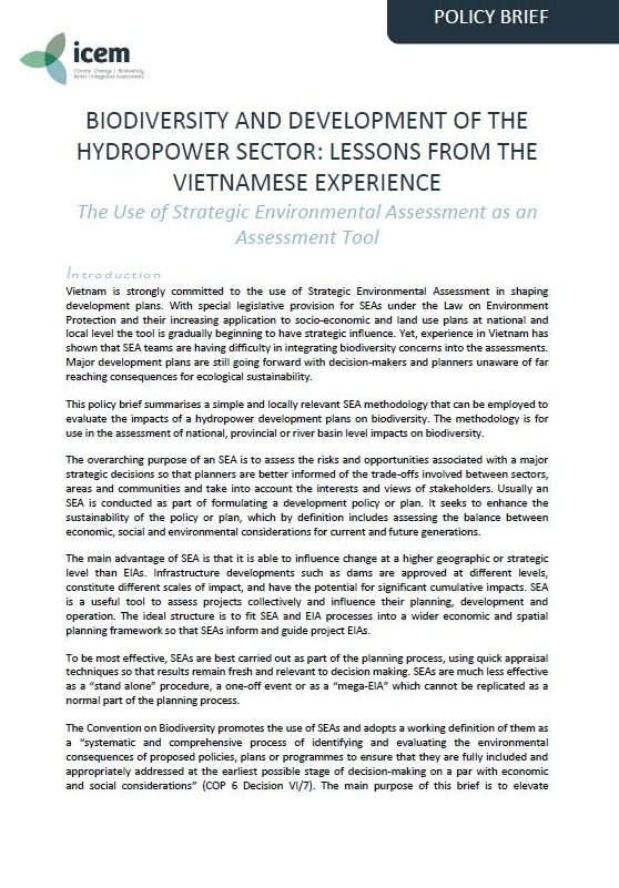 Biodiversity and Development of the Hydropower Report Series – Vol 4: SEA as an Assessment Tool Policy Brief