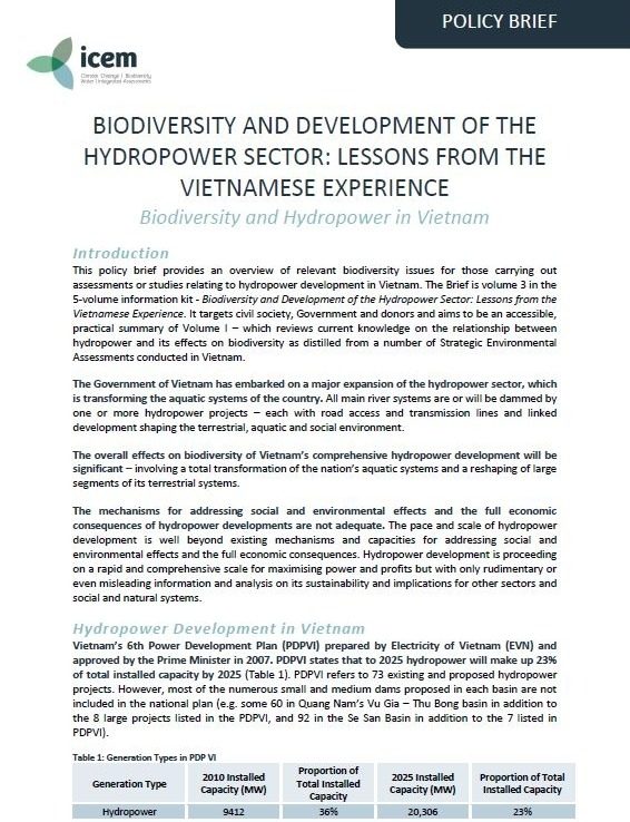 Biodiversity and Development of the Hydropower Report Series – Vol 3: Lessons from the Vietnamese experience